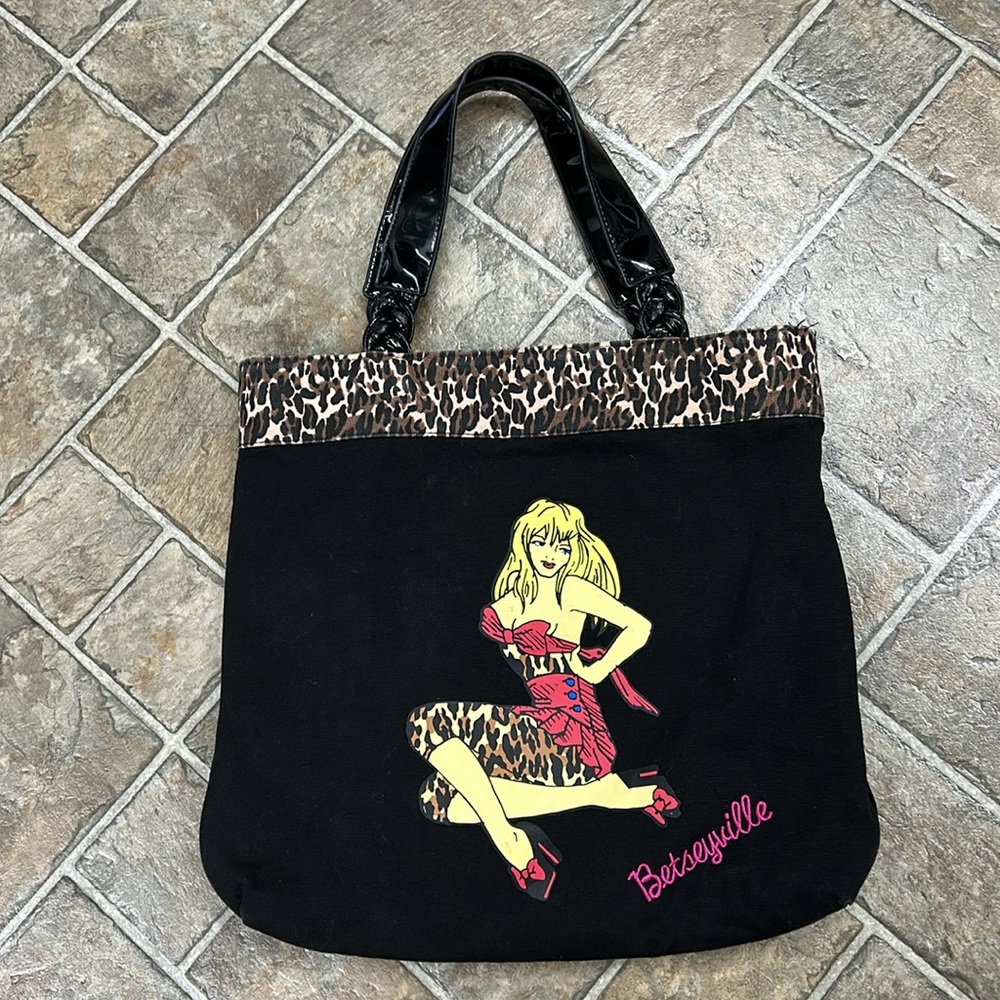 Betseyville By Betsey Johnson Tote Bag Canvas with Leopard Print Trim, B…